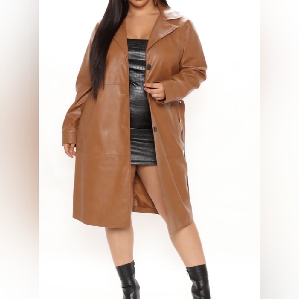 Cognac Faux Leather Trench Coat